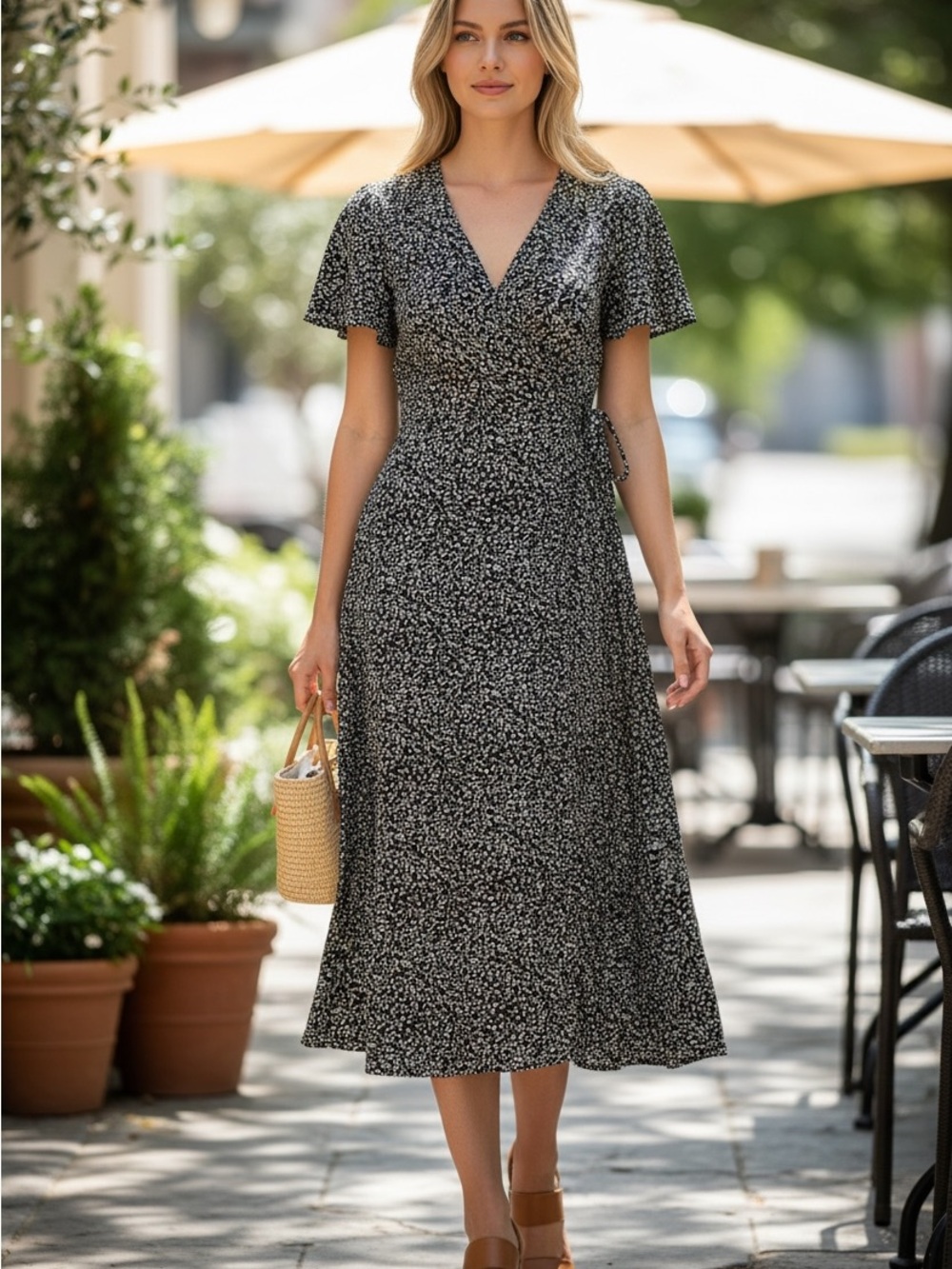 Sienna Sky Black and White Ditsy Floral Wrap Midi Dress